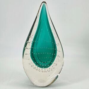 Hand blown art glass Sommerso bullicante teardrop paperweight figurine, 9"